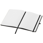 Taccuino A5 con copertina rigida, chiusura elastica e finitura morbida al tatto, pagine a righe color nero seconda vista