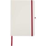 Taccuino A5 con copertina rigida, chiusura elastica e finitura morbida al tatto, pagine a righe color rosso seconda vista frontale