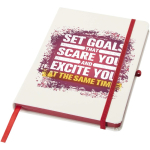 Taccuino A5 con copertina rigida, chiusura elastica e finitura morbida al tatto, pagine a righe color rosso
