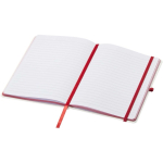 Taccuino A5 con copertina rigida, chiusura elastica e finitura morbida al tatto, pagine a righe color rosso seconda vista