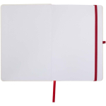 Taccuino A5 con copertina rigida, chiusura elastica e finitura morbida al tatto, pagine a righe color rosso terza vista frontale