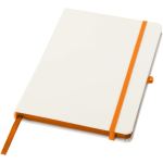 Taccuino A5 con copertina rigida, chiusura elastica e finitura morbida al tatto, pagine a righe color arancione