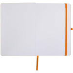 Taccuino A5 con copertina rigida, chiusura elastica e finitura morbida al tatto, pagine a righe color arancione terza vista frontale