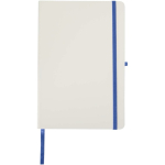 Taccuino A5 con copertina rigida, chiusura elastica e finitura morbida al tatto, pagine a righe color blu reale seconda vista frontale