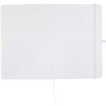 Set con taccuino A5 con copertina rigida e penna a inchiostro blu color bianco terza vista frontale