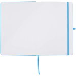 Set con taccuino A5 con copertina rigida e penna a inchiostro blu color azzurro terza vista frontale