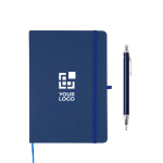 Set con taccuino A5 con copertina rigida e penna a inchiostro blu vista area di stampa