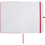 Quaderno A5 con copertina rigida in pelle sintetica e fogli a righe color rosso terza vista frontale