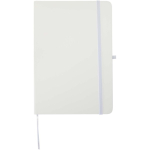 Quaderno A5 con copertina rigida in pelle sintetica e fogli a righe color bianco seconda vista frontale