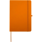 Quaderno A5 con copertina rigida in pelle sintetica e fogli a righe color arancione seconda vista frontale
