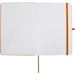 Quaderno A5 con copertina rigida in pelle sintetica e fogli a righe color arancione terza vista frontale