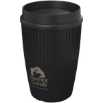 Bicchiere riutilizzabile con coperchio 360° e bordo isolante 350ml color nero vista con logo stampato 2