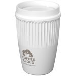 Bicchiere riutilizzabile con coperchio 360° e bordo isolante 350ml color bianco vista con logo stampato 2
