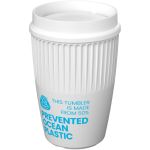 Bicchiere riutilizzabile con coperchio 360° e bordo isolante 350ml color bianco vista con logo