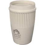 Bicchiere riutilizzabile con coperchio 360° e bordo isolante 350ml color sabbia vista con logo stampato 2