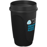 Bicchiere a parete singola con coperchio 360° e fascia isolante 350ml color nero vista con logo