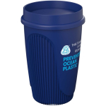Bicchiere a parete singola con coperchio 360° e fascia isolante 350ml color blu vista con logo