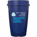 Bicchiere a parete singola con coperchio 360° e fascia isolante 350ml color blu seconda vista con logo
