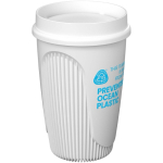Bicchiere a parete singola con coperchio 360° e fascia isolante 350ml color bianco vista con logo