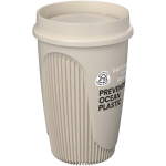Bicchiere a parete singola con coperchio 360° e fascia isolante 350ml color sabbia vista con logo