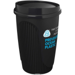 Bicchiere riutilizzabile con coperchio a clip e fascia isolante 350ml color nero vista con logo