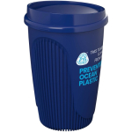 Bicchiere riutilizzabile con coperchio a clip e fascia isolante 350ml color blu vista con logo