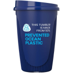 Bicchiere riutilizzabile con coperchio a clip e fascia isolante 350ml color blu seconda vista con logo