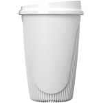 Bicchiere riutilizzabile con coperchio a clip e fascia isolante 350ml color bianco seconda vista con laterale