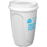 Bicchiere riutilizzabile con coperchio a clip e fascia isolante 350ml color bianco vista con logo