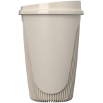 Bicchiere riutilizzabile con coperchio a clip e fascia isolante 350ml color sabbia seconda vista con laterale