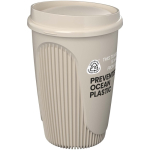 Bicchiere riutilizzabile con coperchio a clip e fascia isolante 350ml color sabbia vista con logo