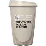 Bicchiere riutilizzabile con coperchio a clip e fascia isolante 350ml color sabbia seconda vista con logo