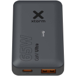 Caricatore da viaggio rapido con porte USB-C e USB-A 65W Xtorm color nero vista con logo stampato 2