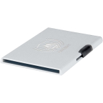 Portacarte magnetico con protezione RFID e materiali riciclati color argento vista con logo stampato 2