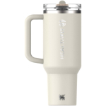 Bicchiere termico Stanley da 1,18 L con cannuccia richiudibile antigoccia color beige vista con logo stampato 2