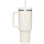 Bicchiere termico Stanley da 890 ml con coperchio girevole e cannuccia riutilizzabile color beige vista con logo stampato 2