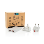 Caricatore piatto ultrafine con spine da viaggio e USB-C 65W color bianco vista con scatola
