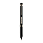 Penna a sfera in metallo con rotazione fluida Swiss Peak inchiostro blu 1200 m color nero vista con logo