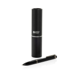 Penna a sfera in metallo con rotazione fluida Swiss Peak inchiostro blu 1200 m color nero vista con scatola
