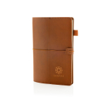 Taccuino A5 ricaricabile in PU con tasche e chiusura elastica, fogli a righe color marrone vista con logo