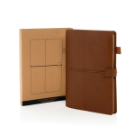 Taccuino A5 ricaricabile in PU con tasche e chiusura elastica, fogli a righe color marrone vista con scatola