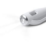 Penna in plastica con torcia LED, meccanismo a pulsante e inchiostro blu color bianco vista dettaglio 2