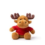 Peluche di renna seduta in morbido poliestere con maglietta liscia color rosso seconda vista