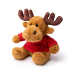 Peluche di renna seduta in morbido poliestere con maglietta liscia color rosso prima vista d'uso