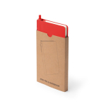 Taccuino A6 con copertina rigida in similpelle e penna a inchiostro blu, pagine a righe color rosso prima vista d'uso