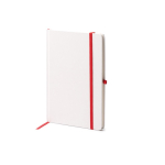 Blocco note in cartone A5 con portapenne e fogli a righe color rosso prima vista d'uso