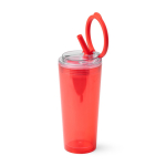 Bicchiere traslucido con cannuccia, manico pieghevole e sistema antigoccia 670ml color rosso prima vista d'uso