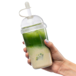 Bicchiere in RPET con coperchio a vite e cannuccia con tappo in silicone 500ml color trasparente terza vista