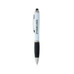 Penna a sfera in plastica riciclata con puntatore touch e inchiostro nero color bianco vista area di stampa