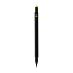 Penna a sfera in alluminio riciclato con rivestimento in gomma e inchiostro blu color giallo terza vista